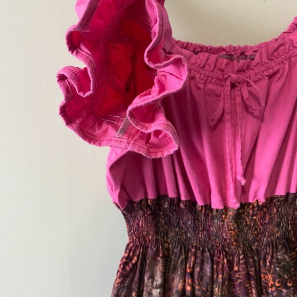 Handmade Plus Size Cotton Linen Batik Pink Multicolour Peasant Dress - Picture 6 of 16